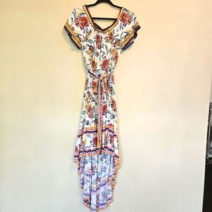 Flying Tomato Maxi Dress Women Sz L Floral White Multicolor Hi-Lo Off-Shoulder
